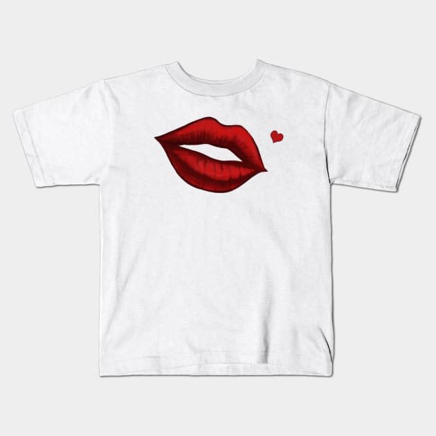Red Kissing Lips With Heart Shaped Beauty Mark Art Kids T-Shirt by ckandrus